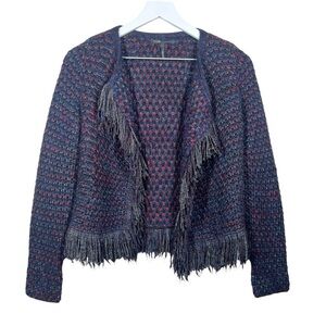 Maje Marc Wool Tweed Open-Front Metallic Fringe Trim Cardigan Navy Size 1